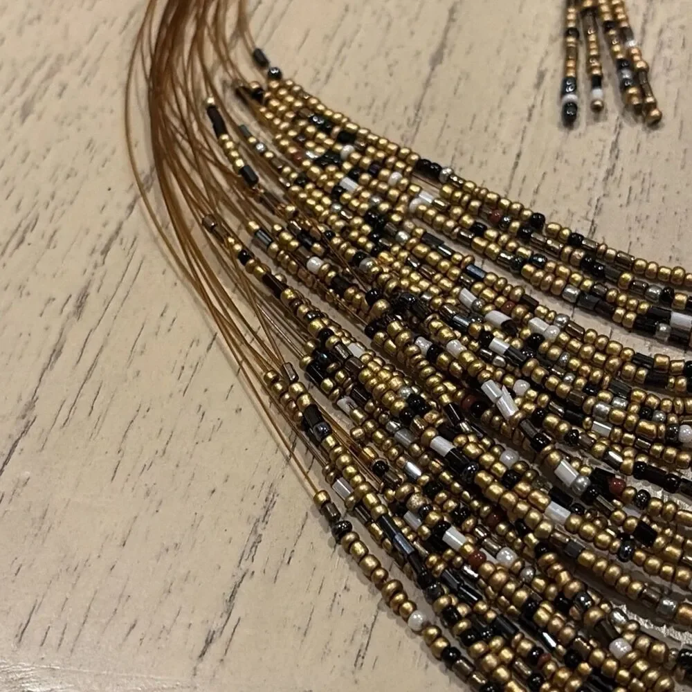 30 Strand Black & Gold Seed Bead Waterfall Necklace & Dangle Earrings